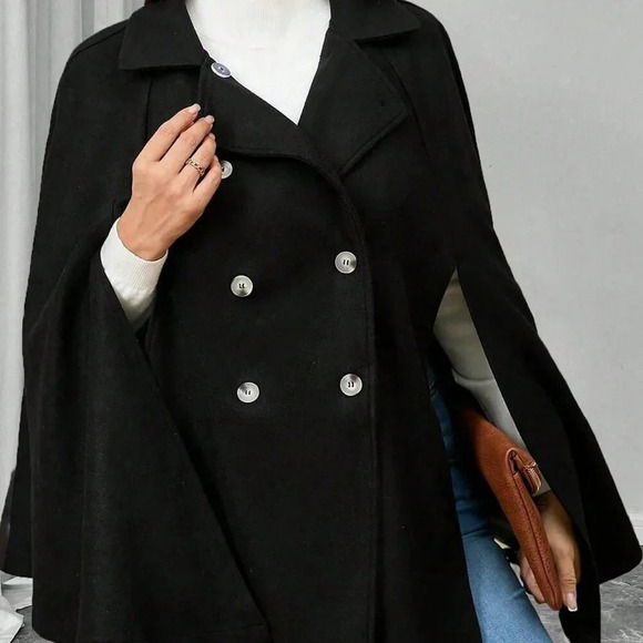 Black Elegant Women's Plus Size Button Poncho Sleeve cape coat - Picture 4 of 6